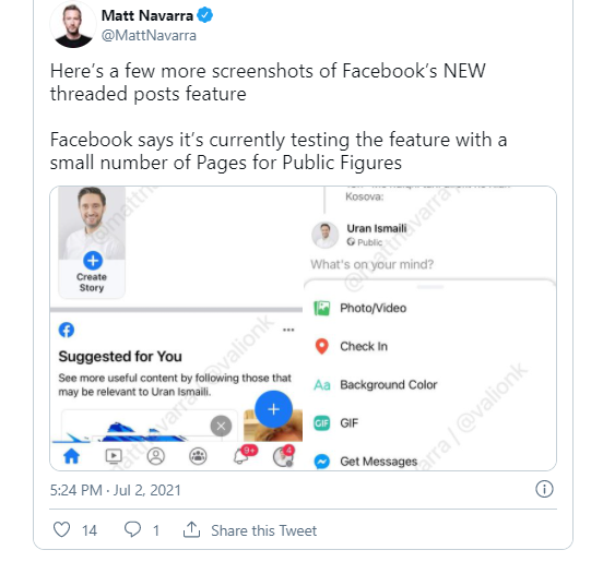 facebook正在公众人物的页面上测试类似twitter的"会话线程"功能